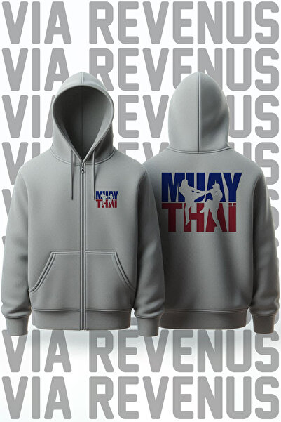 Vordevia Muay Thai Front and Back Printed Unisex Zippered Hooded Gray Sweatsh...