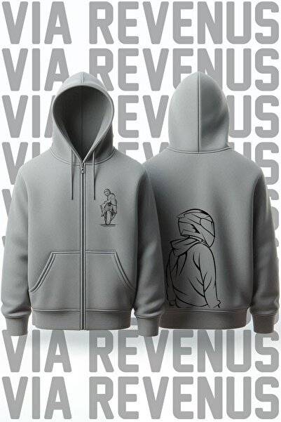 Vordevia Unisex Gray Hooded Biker Printed Zippered Sweatshirt Cardigan