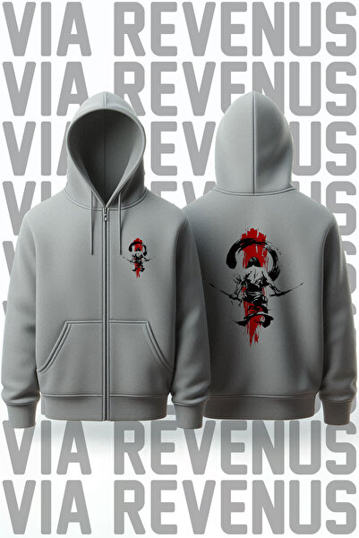 Vordevia Samurai Front and Back Printed Unisex Zippered Hooded Gray Sweatshir...