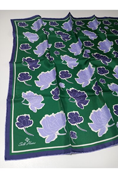 Silk Home Yeşil Mor Yaprak Desenli Tivil İpek Eşarp-11440-21