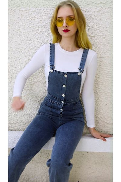 EREN STYLE Salopetă și salopetă din denim enzimatic cu nasturi în față