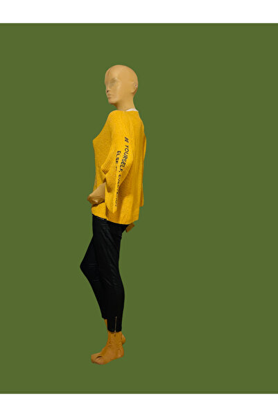 ÖzOksijen Kazak,Hardal Rengi,Viskon-Naylon-Akrilik Karısık Kumas,Kolu Yırtmac ve Yazı Baskı Detaylı,Örme Kazak