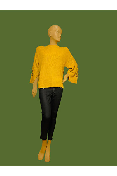 ÖzOksijen Kazak,Hardal Rengi,Viskon-Naylon-Akrilik Karısık Kumas,Kolu Yırtmac ve Yazı Baskı Detaylı,Örme Kazak