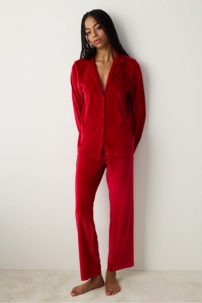 Penti Set de pijamale pantaloni cămașă din catifea roșie