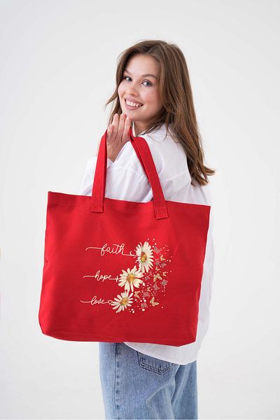 Çınar Bez Çanta Faith Hope Love Printed Red Horizontal Canvas Bag