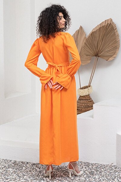 KÜÇÜĞÜM BUTİK Tesettür Turuncu Rengi Keten Belden Büzgülü Elbise
