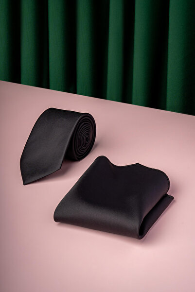 Hatemoğlu Набір з чорної водо- та плямостійкої краватки і носової хустки 7 см