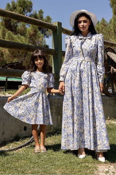 KÜÇÜĞÜM BUTİK Hijab, albastru, pastel, floral, gât, evazat, combinație de mamă și fiică (se vinde singur)