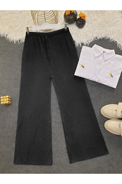 Modamorfo Shabby Corded Fabric Trousers with Lace Detail - Anthracite