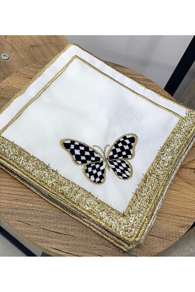 NİVEMESHOME Nivemeshome - 6 قطع من منديل الكوكتيل المربع الذهبي المطرز على شكل فراشة سوداء مع حامل تقديم القهوة