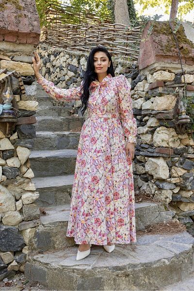 KÜÇÜĞÜM BUTİK Hijab Orange Pastel Floral Halter Neck Flared Dress