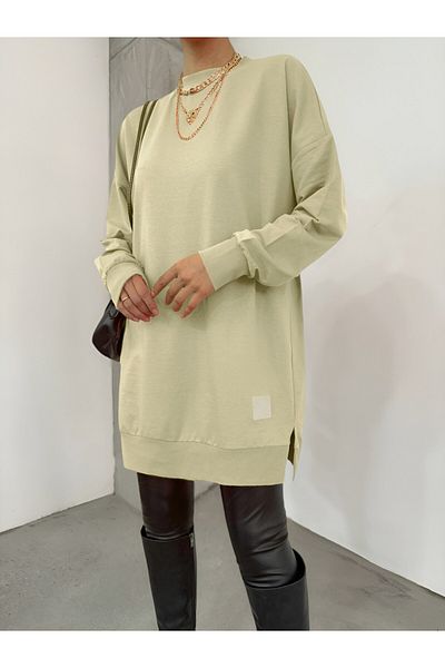 Modamorfo Beigefarbener Sweatshirt mit Rundhalsausschnitt und Schlitzdetail