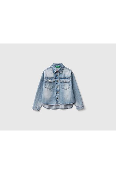 United Colors of Benetton Cămașă de denim deschis pentru fete cu buzunare la piept