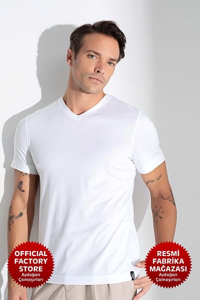 Aydoğan Ανδρικό T-Shirt με λαιμόκοψη V κοντό μανίκι λευκό - 104 - Aydogan ®