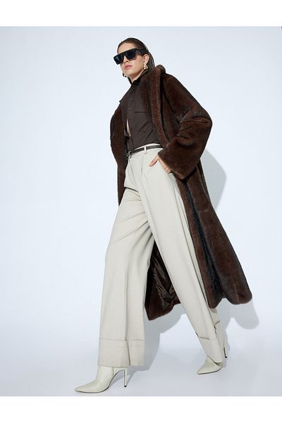 Koton Long Faux Fur Oversize Double Breasted Coat