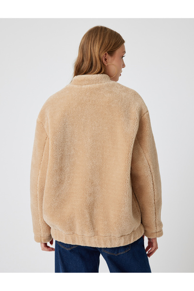 Koton Oversize Plush Jacket Pocket Detailed Snap Buttoned Bomber Collar
