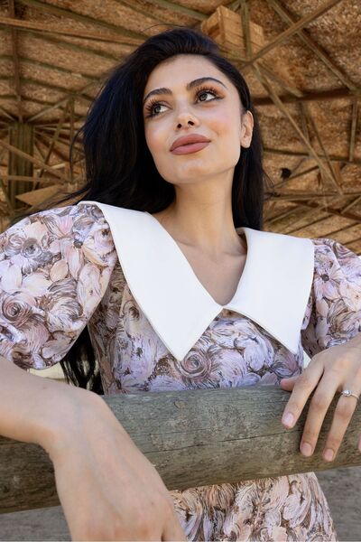 KÜÇÜĞÜM BUTİK Vintage hnědé pastelové květinové s límečkem s balónkovým rukávem rozšířené šaty