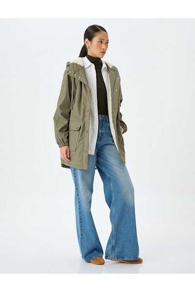 Koton Plush Lined Oversize Faux Leather Parka with Pockets and Hood