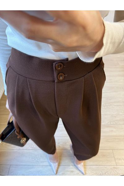 Club Floral Fashıon Women's Double Button Pleated Carrot Mold Full Lycra Casual Brown Trousers