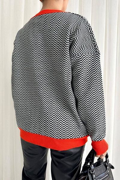 barış sülün lovebox Women's Knitwear Fabric Zigzag Striped Pattern V-Neck Sweater 0199