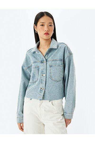 Koton Stone Detailed Oversize Džínová bunda s dvojitou kapsou na knoflíky