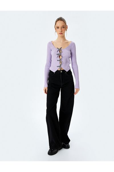 Koton Bow V-Neck Slim Fit Crop Knitwear Cardigan