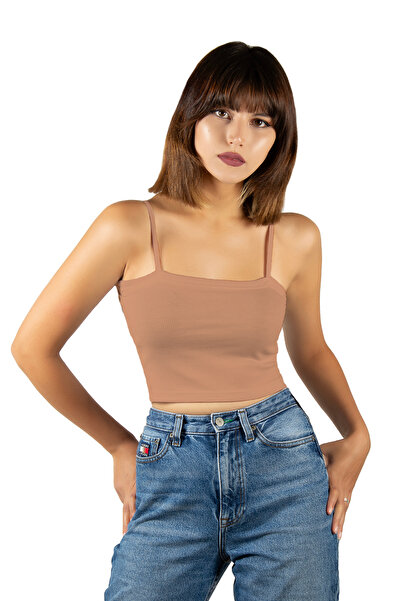 VEAVEN Krem İp Askılı Fitted/Vücuda Oturan Fitilli Crop Top Atlet