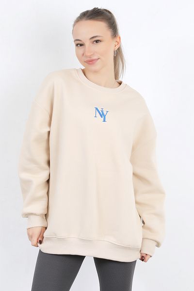 GİYSA Beige Oversize Sweatshirt - Ny Embroidered, Crew Neck, 3 Thread Raised 9005