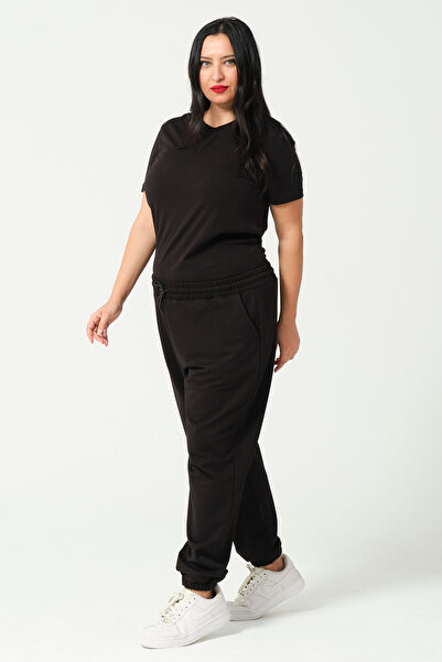 Endies Γυναικείο μεγάλο μέγεθος Oversize χτενισμένο βαμβακερό Lycra ελαστικό πόδι με μαλακή υφή Φούτερ 21633BB SİY