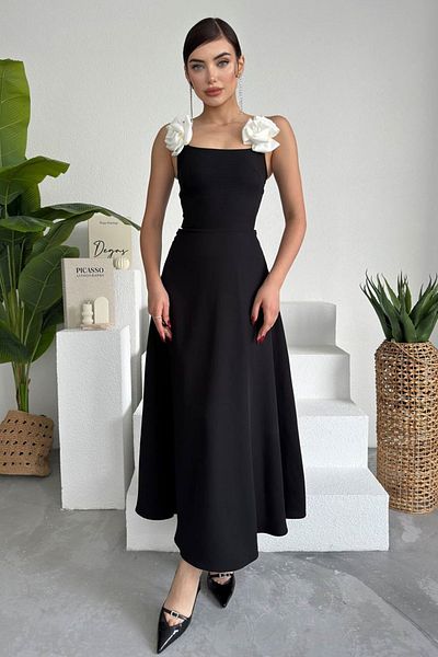 Secret Passion Lingerie Black Maxi Atlas Evening Dress with Strapless Collar and Rose Accessories - Strappy Model 258