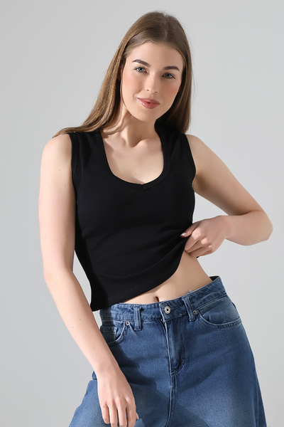 Endies 21899 Model V-Neck Sleeveless Black T-Shirt
