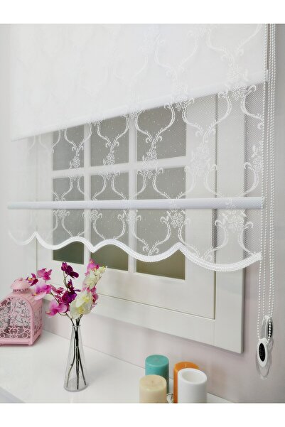 atölyeperde Atölye Perde Çiftli Sistem Yeni Beyaz Sarmaşık Çiçek Desen Örme T...
