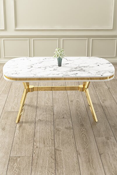 Canisa Epal Serisi 90x168 Lak Panel Gold Ayak Beyaz Mermer Desen Sabit Mutfak Masası