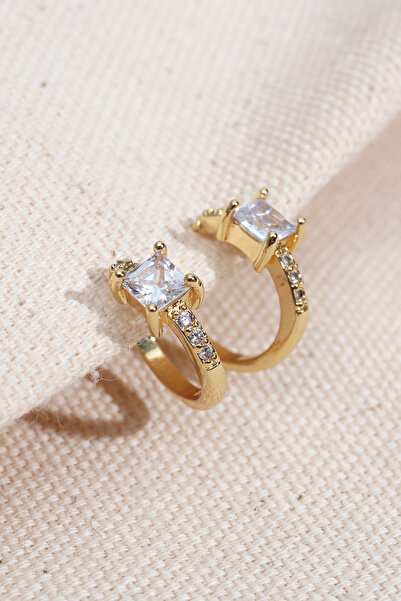 Süspüs Accessories Beyaz Kare Taşlı Gold Renk Halka Küpe