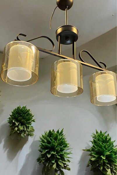 ayışığı Metal Gövde Fırın Boyalı 3 Lü Siyah Bal Camlı Avize