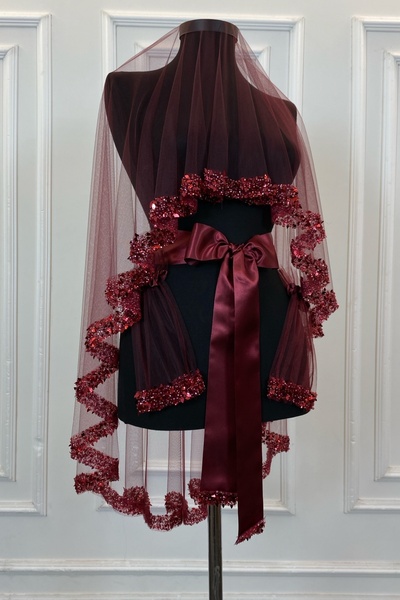 ZEYMERADE Bordo Gelin Duvak Seti, Su Taşlı Pullu Boncuklu Incili Yaprak Desenli Kına Duvağı Alı Seti 6 Parça