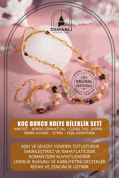 OSMANLI DOĞAL TAŞ Aries Zodiac Necklace Bracelet Set Amethyst, Burgundy Garnet Garnet, Sun Stone, Jasper, Pink Quartz, Citrine, Y