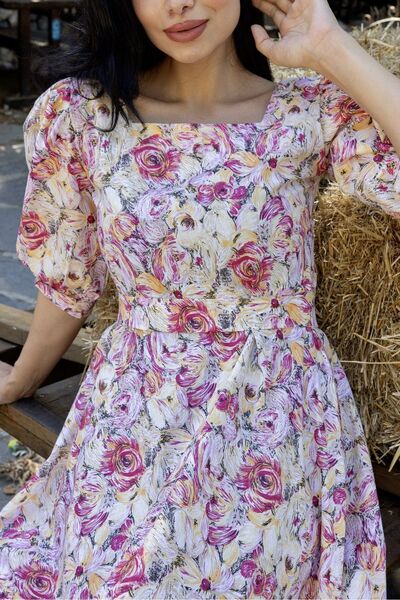 KÜÇÜĞÜM BUTİK Turuncu Pastel Çiçekli Kare Yaka Karpuz Kol Kloş Elbise