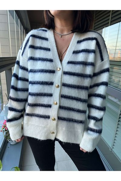 Elif Özbey Butik Ecru Striped Gold Buttoned Soft Cardigan