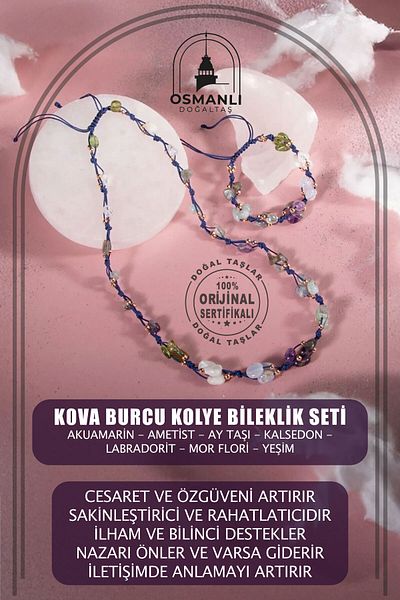 OSMANLI DOĞAL TAŞ Aquarius Zodiac Necklace Bracelet Set Aquamarine, Amethyst, Moon Stone, Chalcedony, Labradorite, Purple Fluorite, Jade