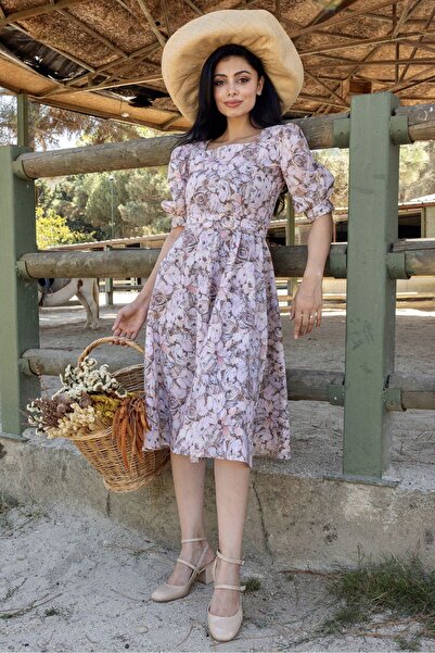 KÜÇÜĞÜM BUTİK Καφέ παστέλ φλοράλ φόρεμα με καρπούζι με τετράγωνο γιακά