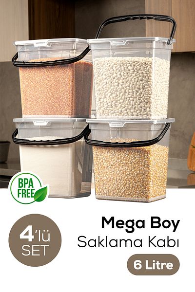 Vienev 6-Liter Mega Size 4-Piece Flour Pulses Container with Handles and Clear Storage Box