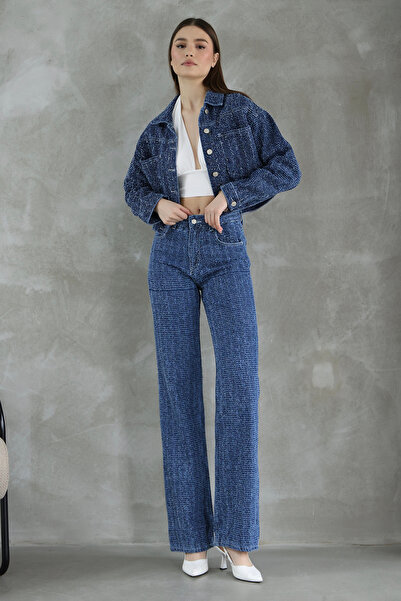 Trendyol Collection Kék texturált Crop farmer dzseki TWOSS25CE00030