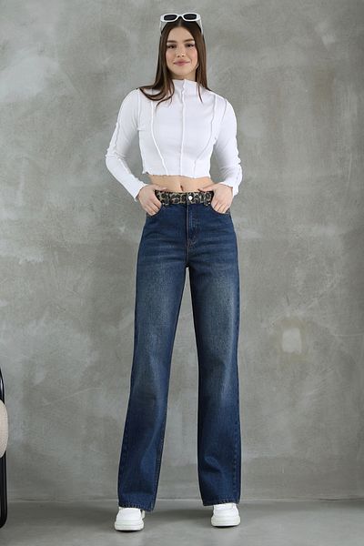 Trendyol Collection Sötétkék leopárd zseb részletes magas derekú egyenes farmer TWOSS25JE00142