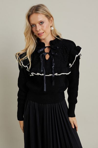 Cool & Modest Women's Black-Stone Ruffle Knitwear Blouse Mqs1018