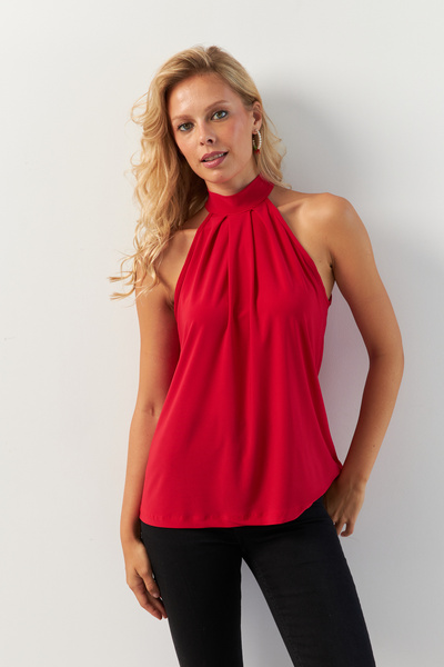 Cool & Sexy Kadın Kırmızı Halter Yaka Bluz LPP1273