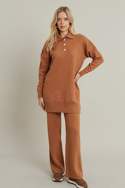 Cool & Modest Women's Camel Pearl Button Knitwear Bottom Top Suit Mnuv33