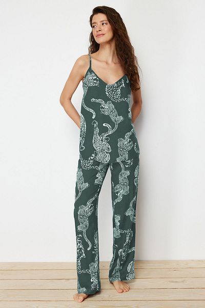 Trendyol Collection Green Animal Metrage Print Shally Woven Pyjamas Set Thmss24Pt00127
