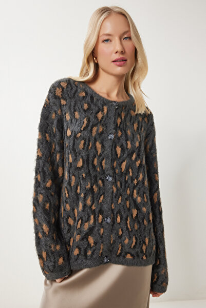 Happiness İstanbul Women's Anthracite Mink Leopard Print Bearded Knitwear Cardigan Kb00043