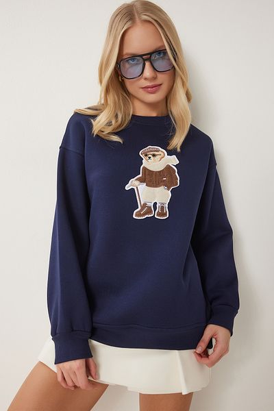 Happiness İstanbul Marineblaues Teddybär-Wappen – Raster-Strickpullover für Damen WE00001